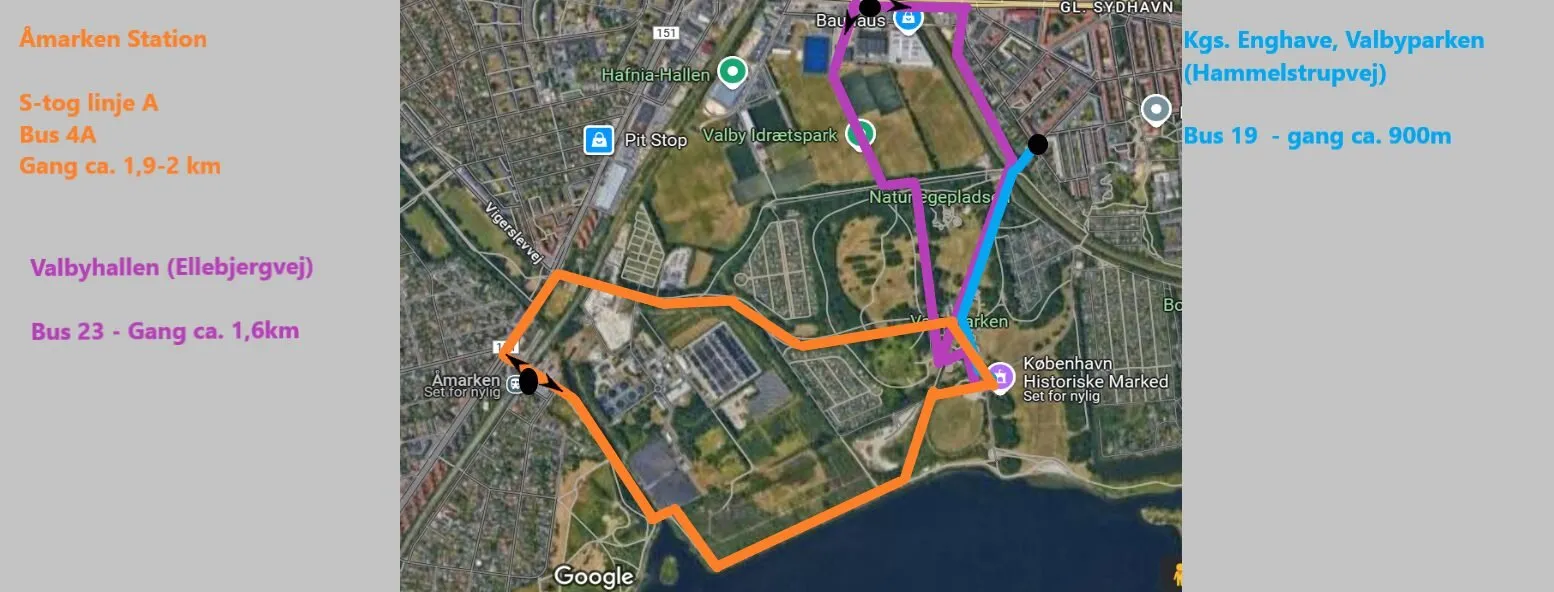 Luftfotokort over Valby med gåruterne til Københavns Historiske Marked: orange rute fra Åmarken Station (S-tog A, bus 4A, ca. 1,9–2 km), lilla rute fra Valbyhallen (bus 23, ca. 1,6 km) og blå rute fra Kgs. Enghave/Valbyparken (bus 19, ca. 900 m)